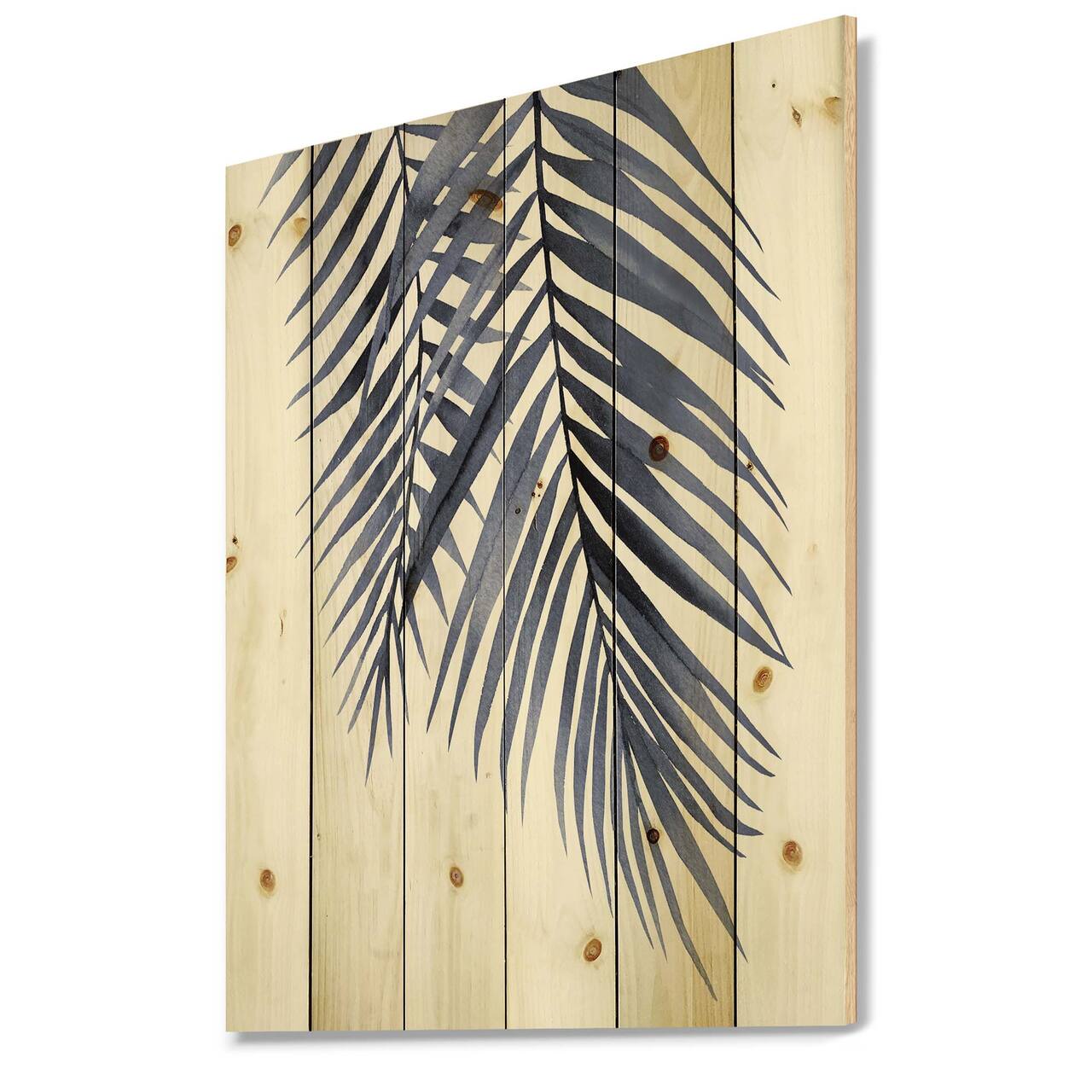 Designart - Blue Palm Leaves Abstract Tropical Branches - Traditional Print on Natural Pine Wood